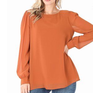 Burnt Orange Long Sheer Sleeve Chiffon Blouse